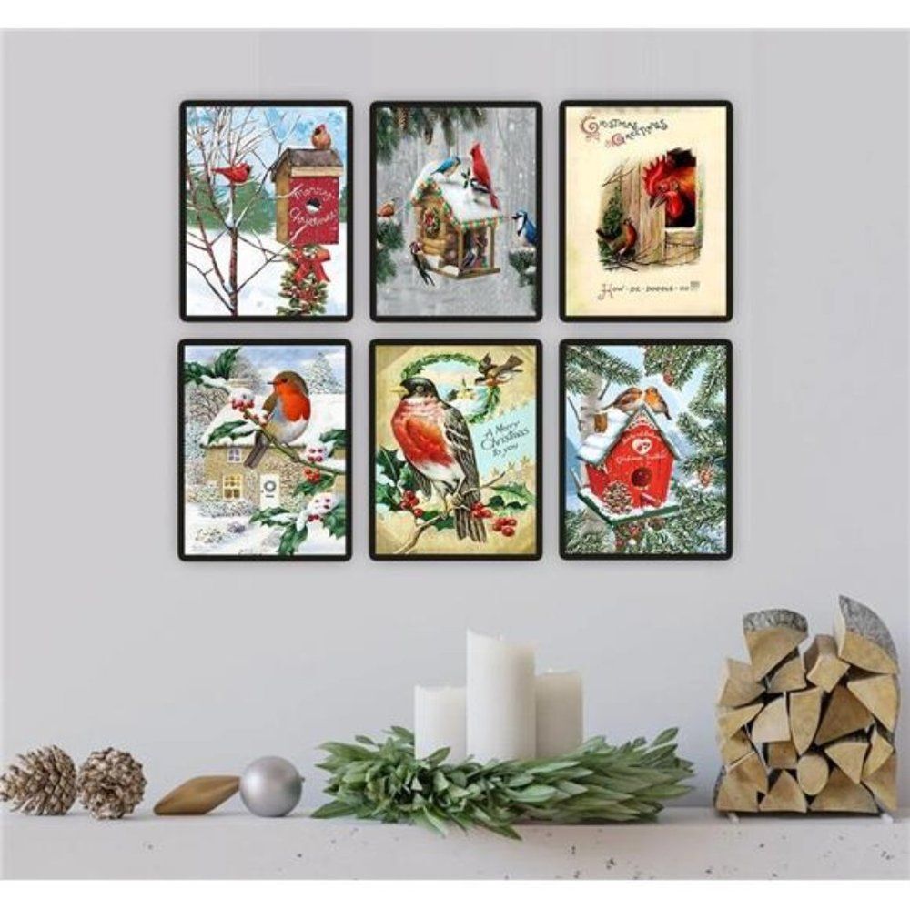 Christmas Decorations Birds Fowl December Country Holiday Wall Art 6 Prints